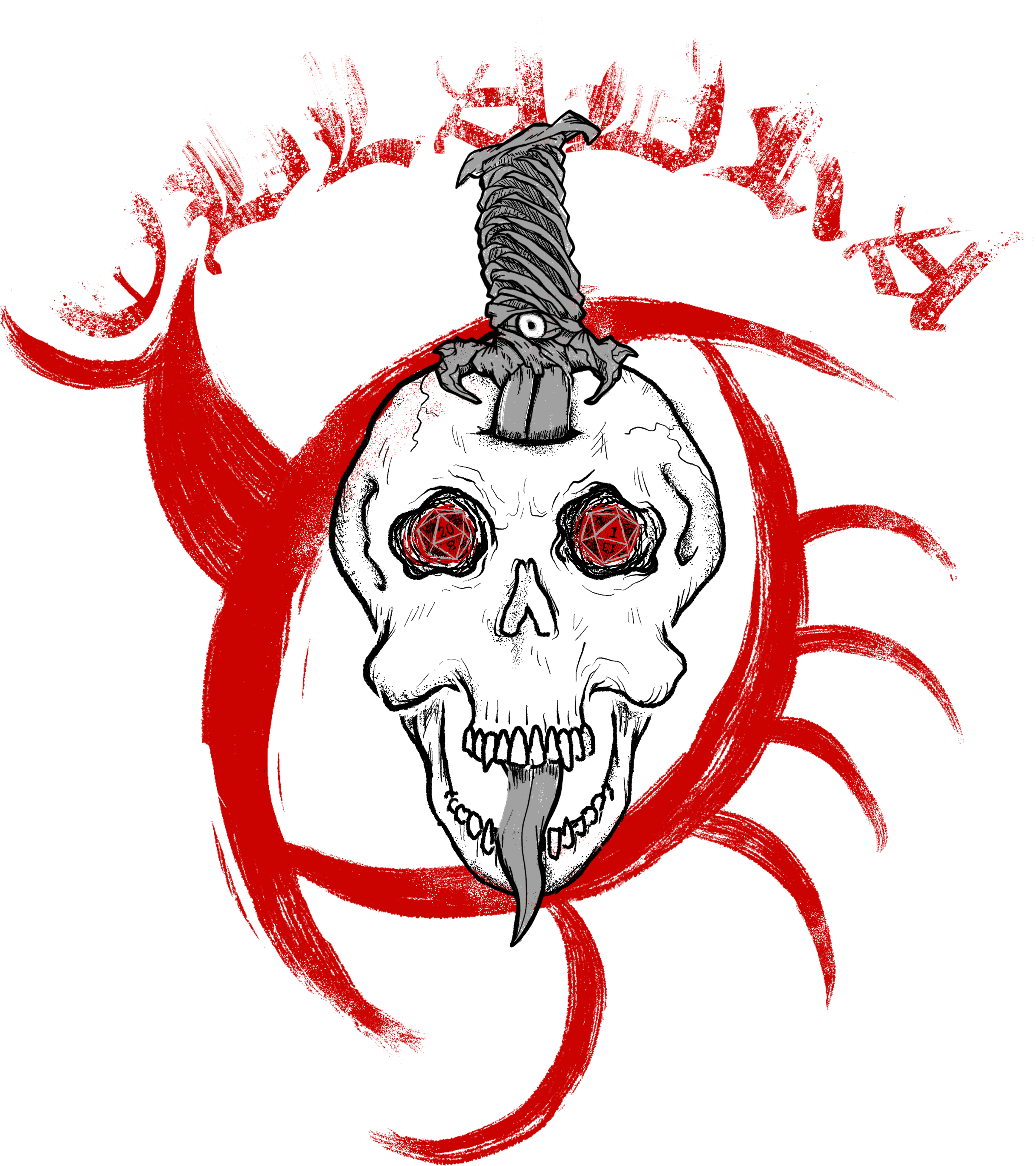 ombre back to red old gothic font reads 'obladra' underneath a skull has a dagger going through it. each eye socket of the skull has a twenty sided die. the left eye says 20 and the right says 1. 